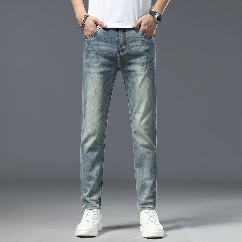 春夏新款宽松水洗天空蓝复古修身直筒男士薄款时尚百搭男牛仔裤子