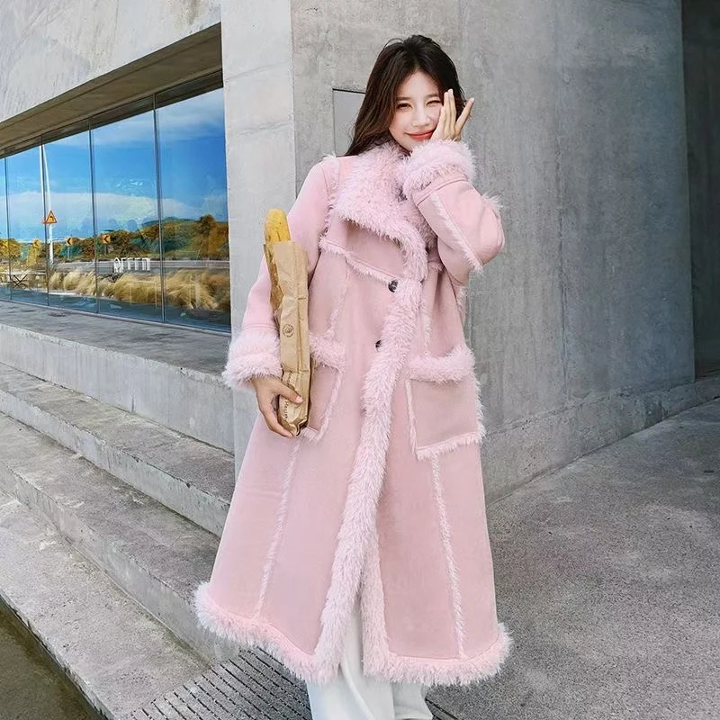 秋冬女装毛呢外套长款皮毛一体网红保暖外套时尚女中长款加厚大衣