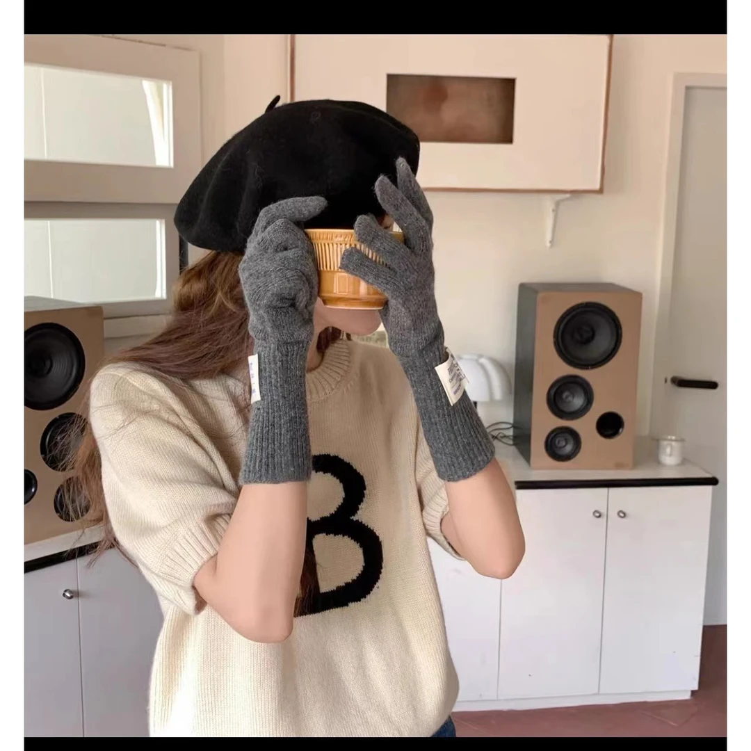 韩版ins长款针织手套女骑行保暖防风可触屏五指手套贴布百搭时尚