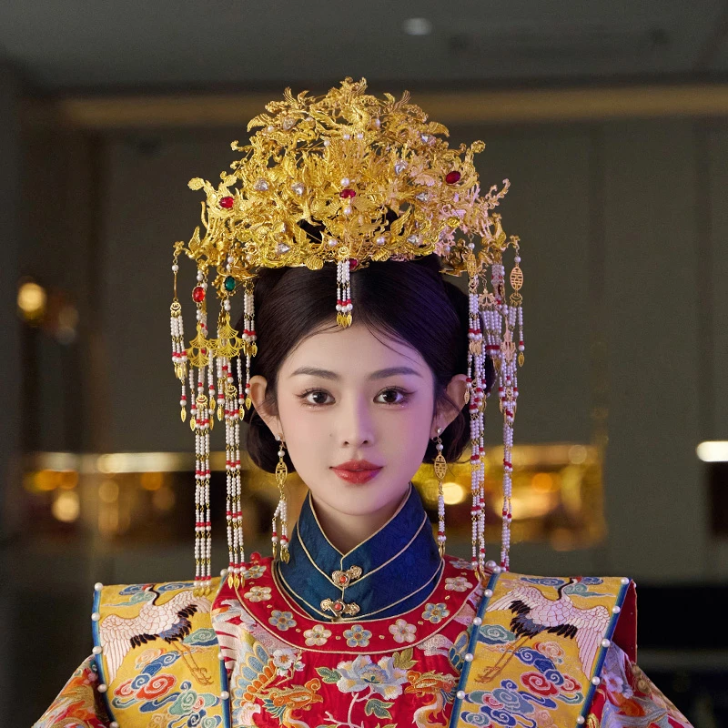 合金婚庆饰品 新娘头饰中式大凤冠金色流苏汉服婚礼古装发饰8323