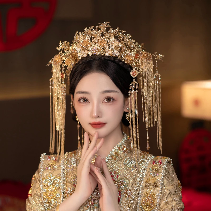 非金属婚庆饰品 GG147-8231-1梦瑶新娘大气华丽金色凤冠流苏头饰