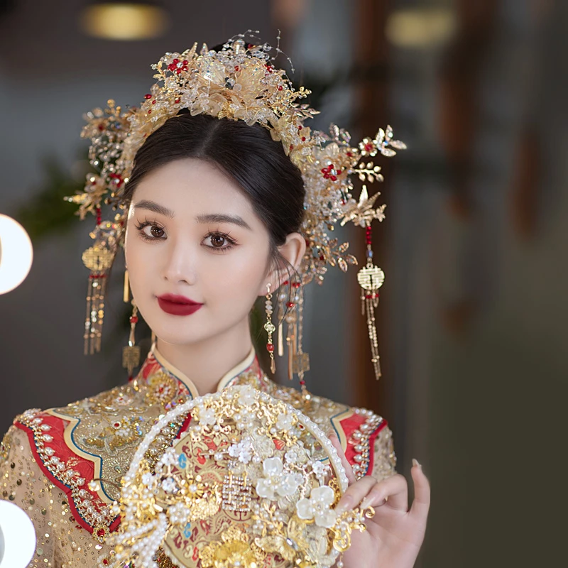 梦瑶 非金属婚庆饰品 新娘头饰金色凤冠中式秀禾古装发饰87-D0146