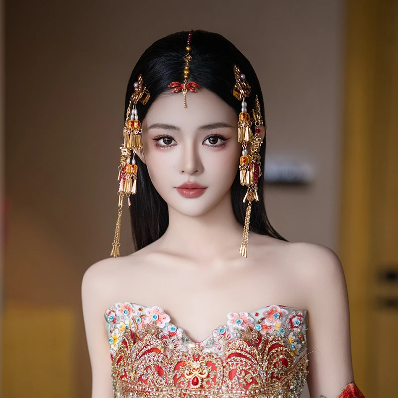 合金婚庆饰品 民族风金红色蜻蜓流苏眉心坠边夹汉服新娘发饰G0148