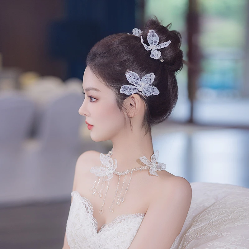 非金属布艺婚庆饰品 新娘发饰韩式超仙蕾丝花朵流苏项链头饰MYQ49