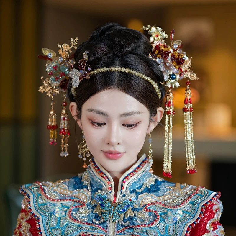 合金婚庆饰品 新娘头饰中式古风红色系蝴蝶发簪结婚秀禾发饰D0311