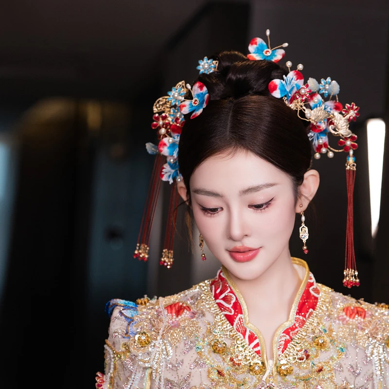 合金婚庆饰品 新娘秀禾服头饰非遗绒花花朵蓝红撞色古风发饰0403