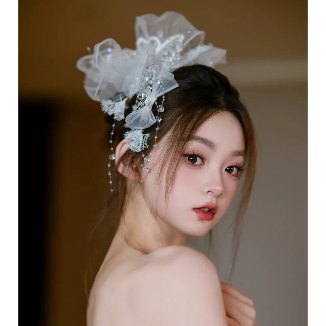 合金布艺婚庆饰品 新娘结婚头饰森系蕾丝蝴蝶结5203边夹森系发饰