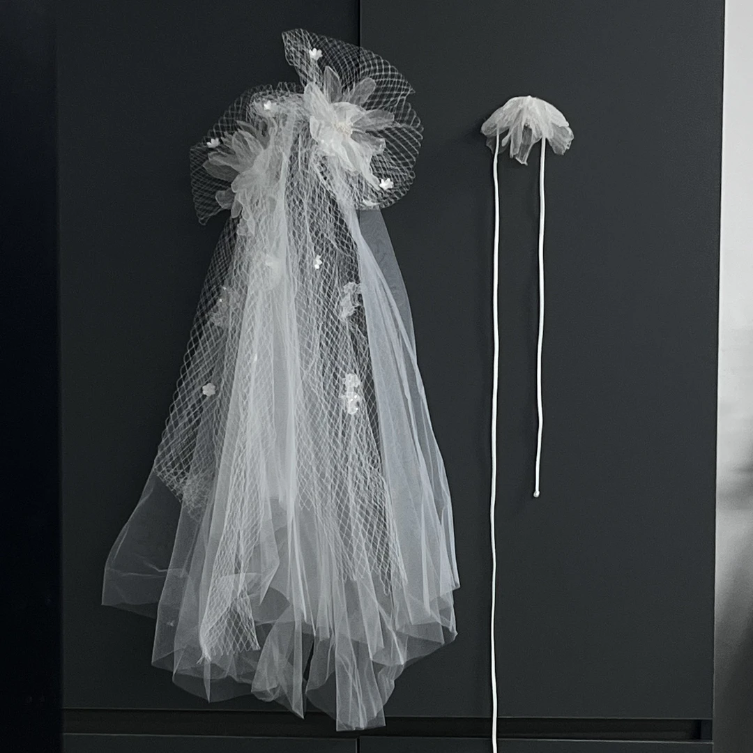 非金属布艺婚庆饰品 新娘头纱白色网纱绢花带颈链结婚发饰品5227