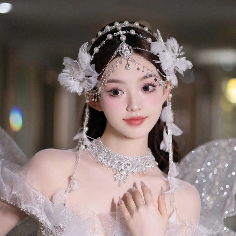 合金婚庆饰品 新娘水钻发箍头饰流苏羽毛边夹婚纱礼服发饰品MYQ51