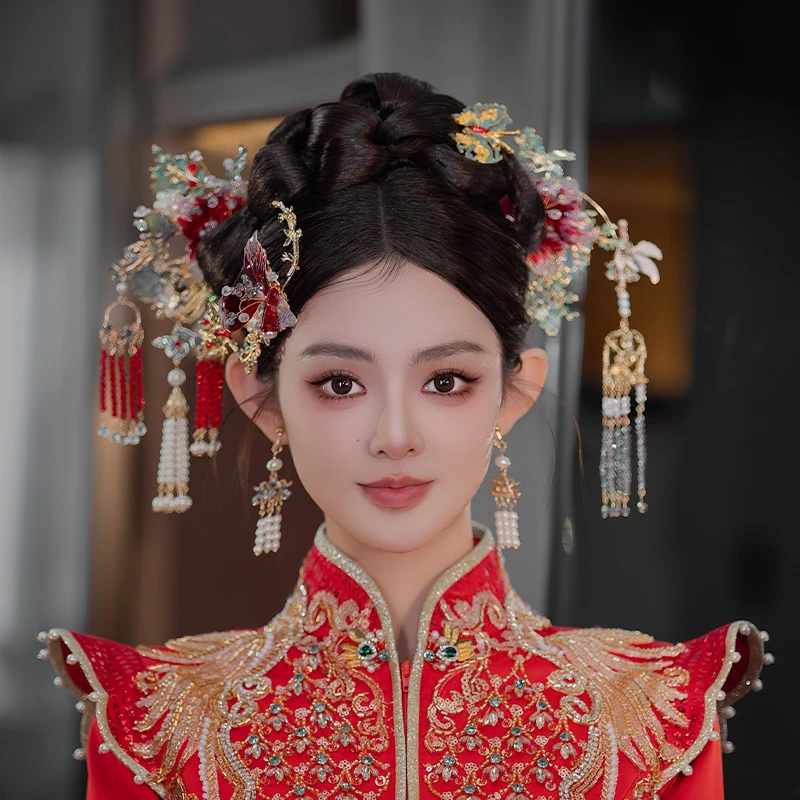 合金婚庆饰品 新娘头饰中式红色造化液秀禾服龙凤褂发饰套装MYQ56
