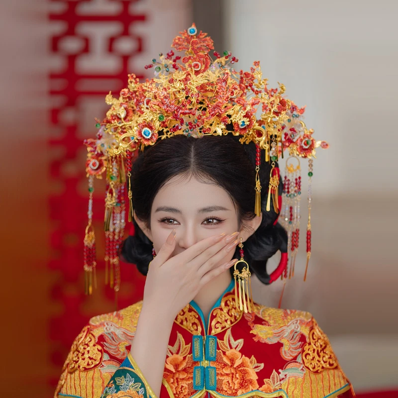 合金婚庆饰品 秀禾服新娘头饰中式前后冠金红色凤冠古风发饰MYQ67