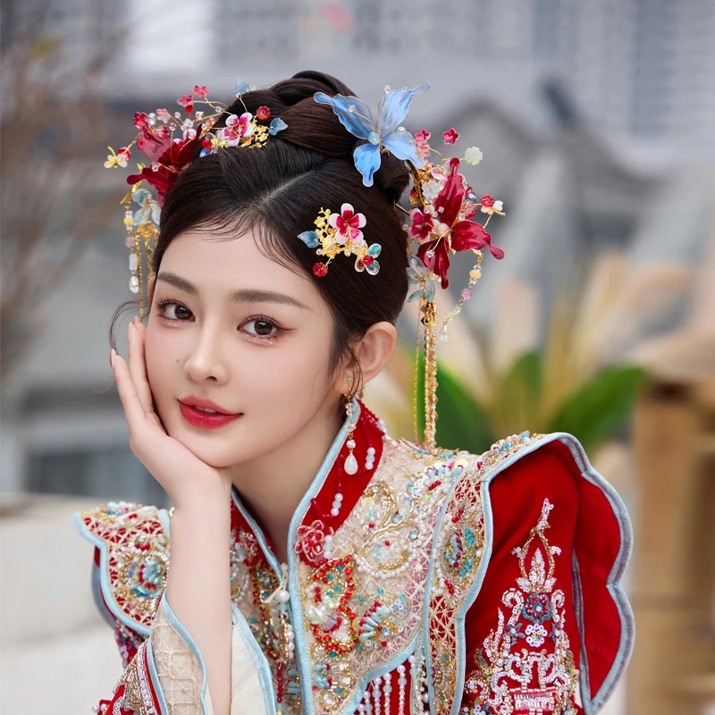 合金婚庆饰品 新娘头饰红蓝色古典花朵新款秀禾服结婚发饰D0276
