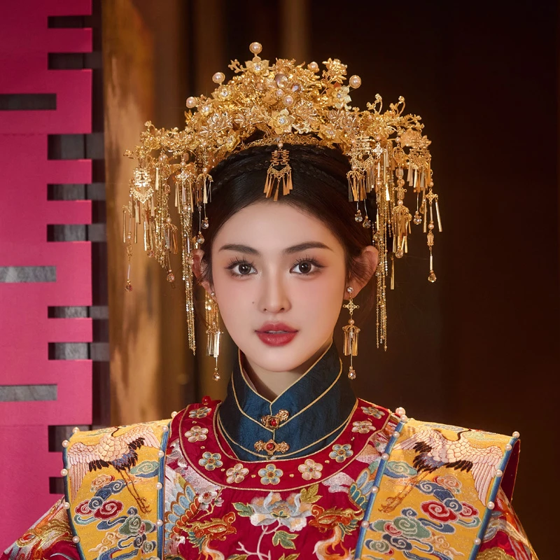 合金婚庆饰品 新娘头饰金色流苏凤冠大气中式汉服婚礼发饰品8298