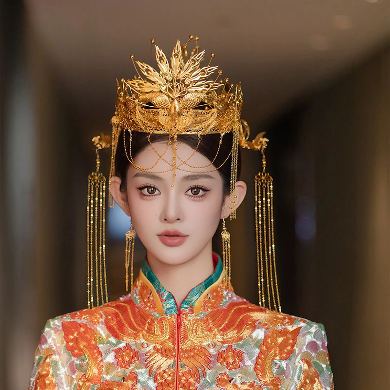 合金婚庆饰品 新娘头饰金色流苏额链凤冠新中式龙凤褂发饰MF2410