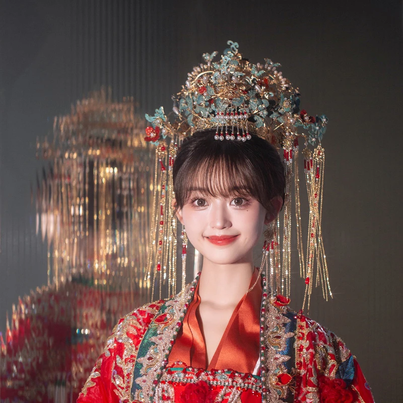 合金婚庆饰品 中式新娘头饰汉服婚礼大气古典景泰蓝结婚发饰82611