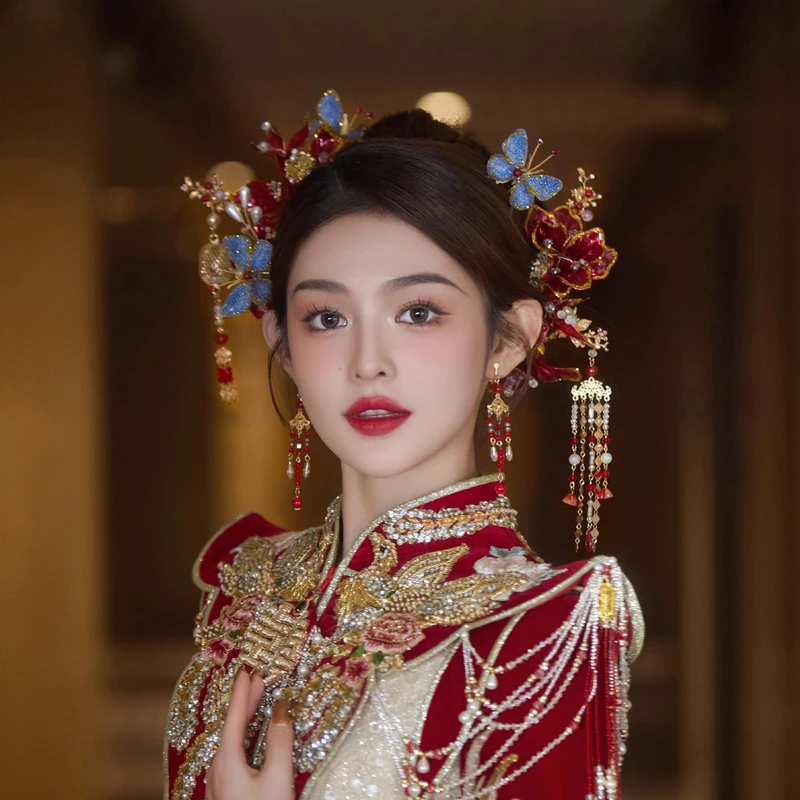 合金婚庆饰品 新娘头饰蓝色蝴蝶灯笼发簪红色秀禾服发饰套装D0261