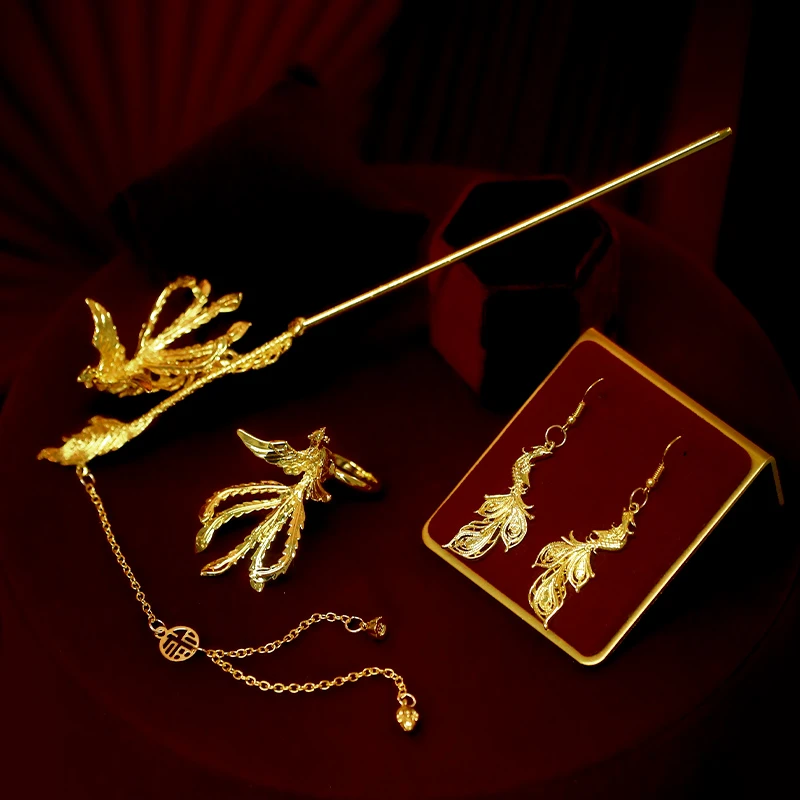 合金婚庆饰品 新娘头饰金色凤凰发簪戒指耳环套装龙凤褂发饰MT017