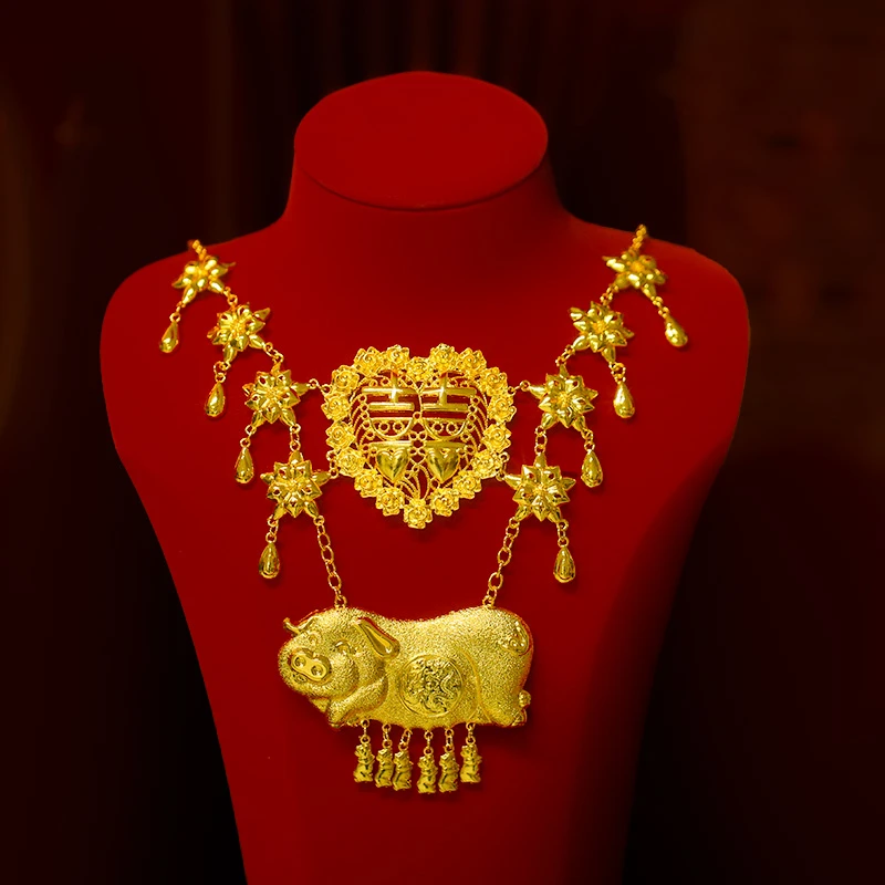 合金婚庆饰品 中式结婚金色饰品民族风双喜金猪项链新娘配饰MT016