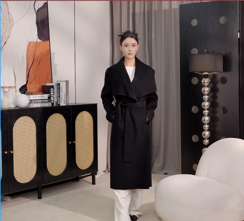 【30%兔毛+70%羊毛】水波纹双面大衣中长款气质翻领时尚秋冬-177