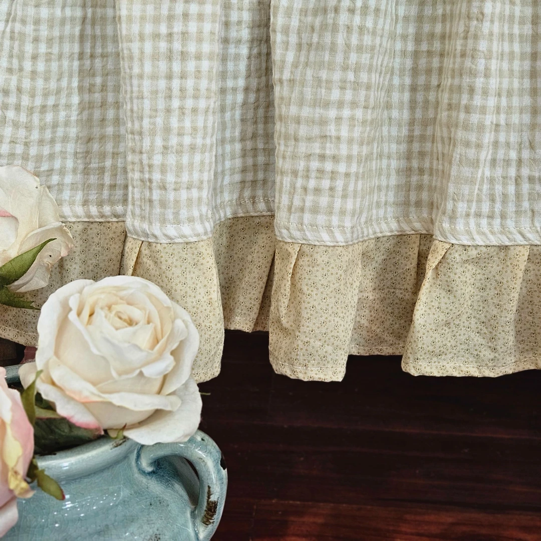 LY2496ins田园风纯棉格子拼接荷叶边遮光防尘小半帘