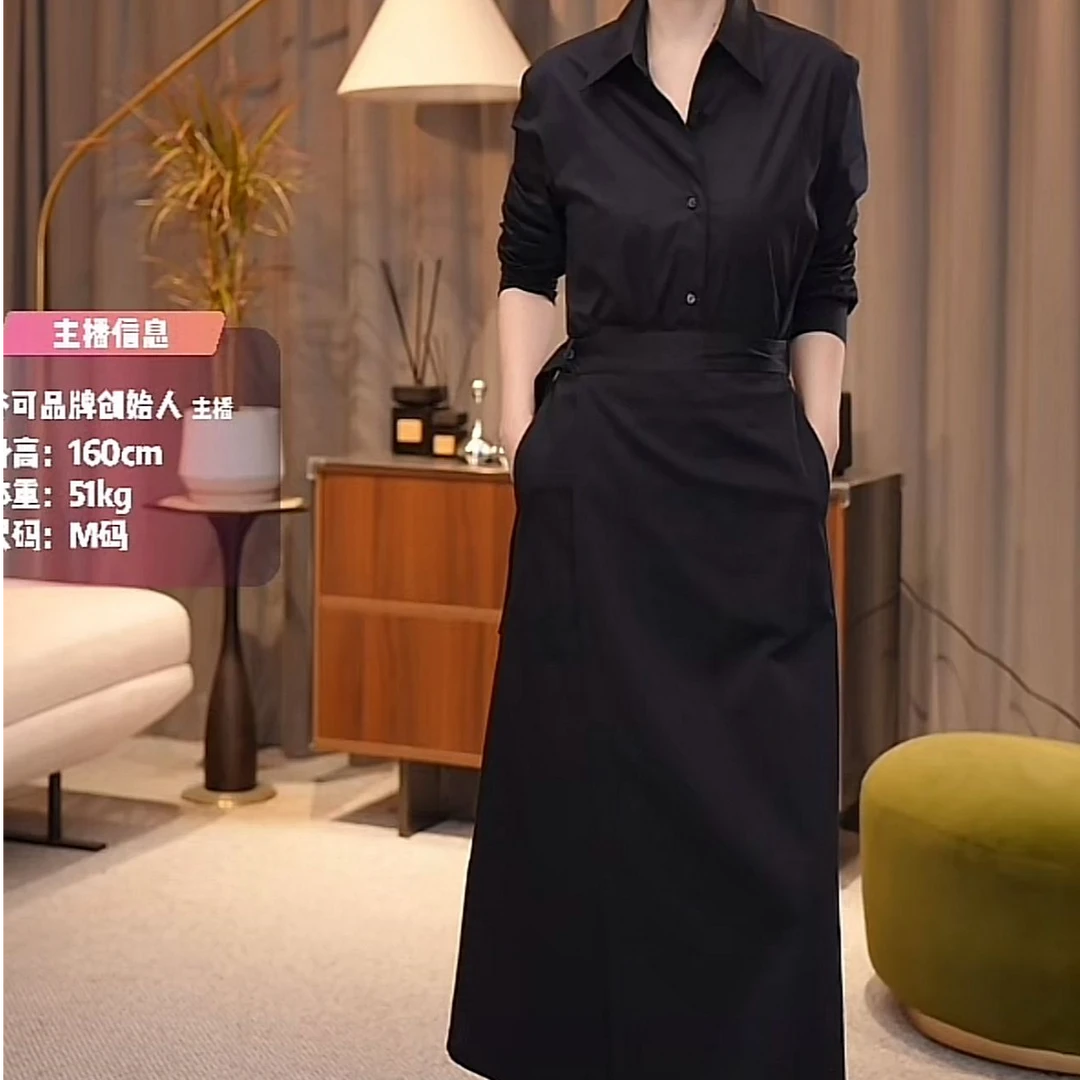 GKE/谷可LQ1188时尚连衣裙秋冬款设计感收腰法式小众气质黑色长裙