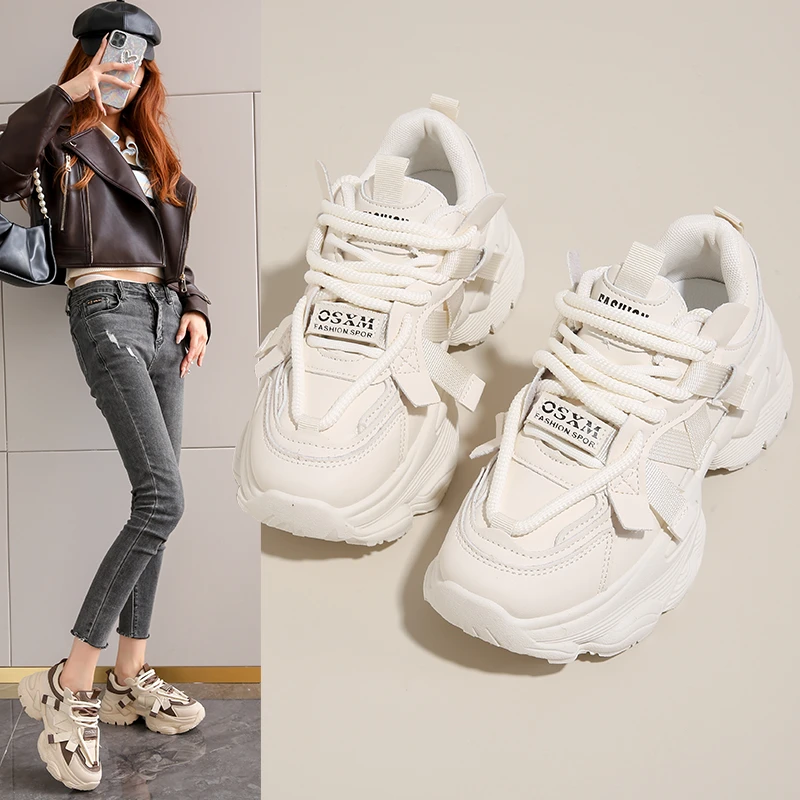 雅漾2024秋冬季网红时尚百搭厚底透气皮面跑步老爹鞋ins