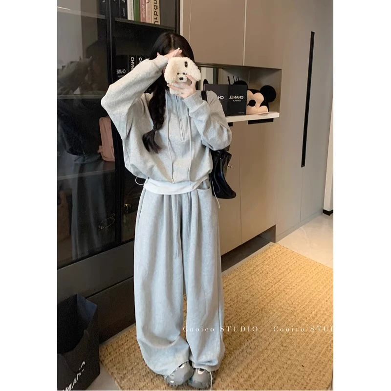 春季新款慵懒风休闲套装高腰阔腿裤设计感松弛感卫衣组合套装002