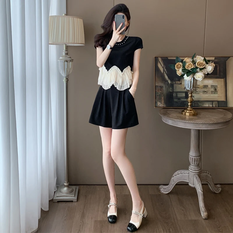 时尚休闲运动套装女2025夏季显瘦荷叶边小个子短袖短裤两件套洋气