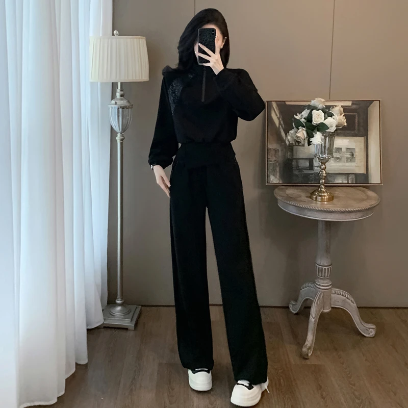 2025年秋季酷飒风休闲运动套装女高级感黑色长袖卫衣阔腿裤两件套