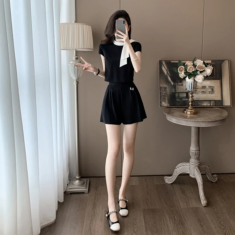 蝴蝶结撞色小香风短裤套装女夏季2024新款短袖减龄气质时尚两件套