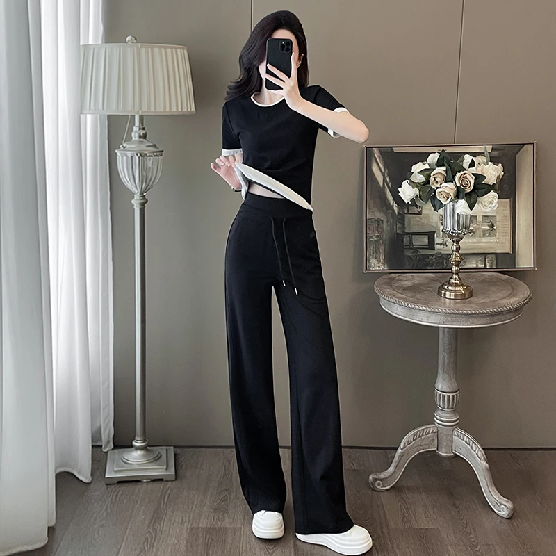 黑色运动休闲套装女夏季时尚减龄洋气遮肉显瘦短袖阔腿裤子两件套