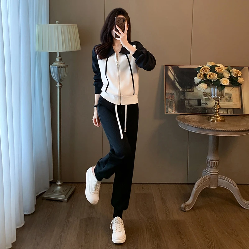 欧货休闲运动套装女春秋2024新款时尚洋气拼色卫衣阔腿裤两件套潮