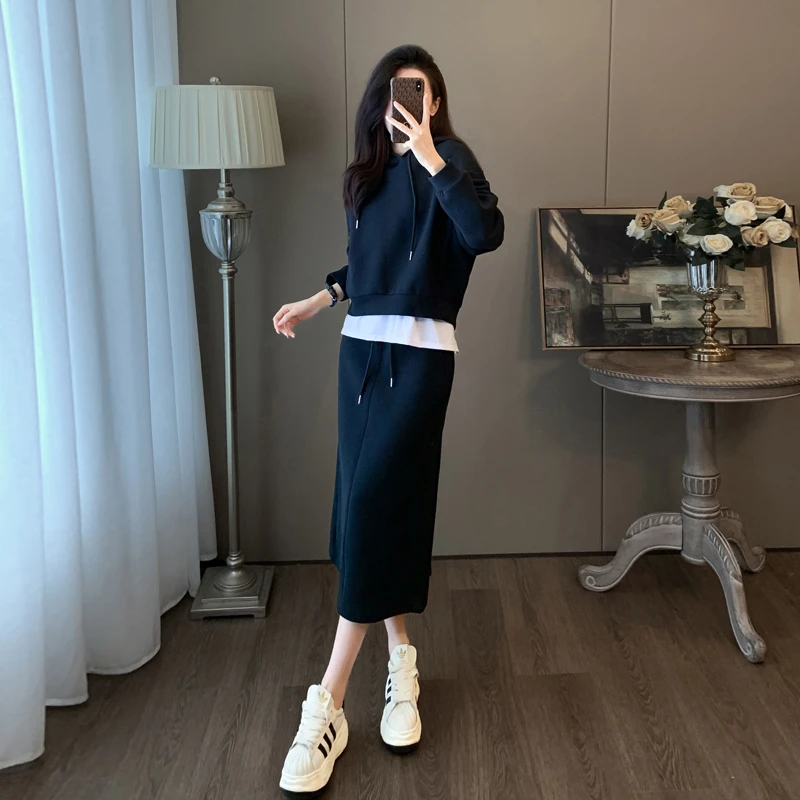 秋季新款英伦风休闲运动套装女大码时尚港风连帽卫衣半身裙两件套