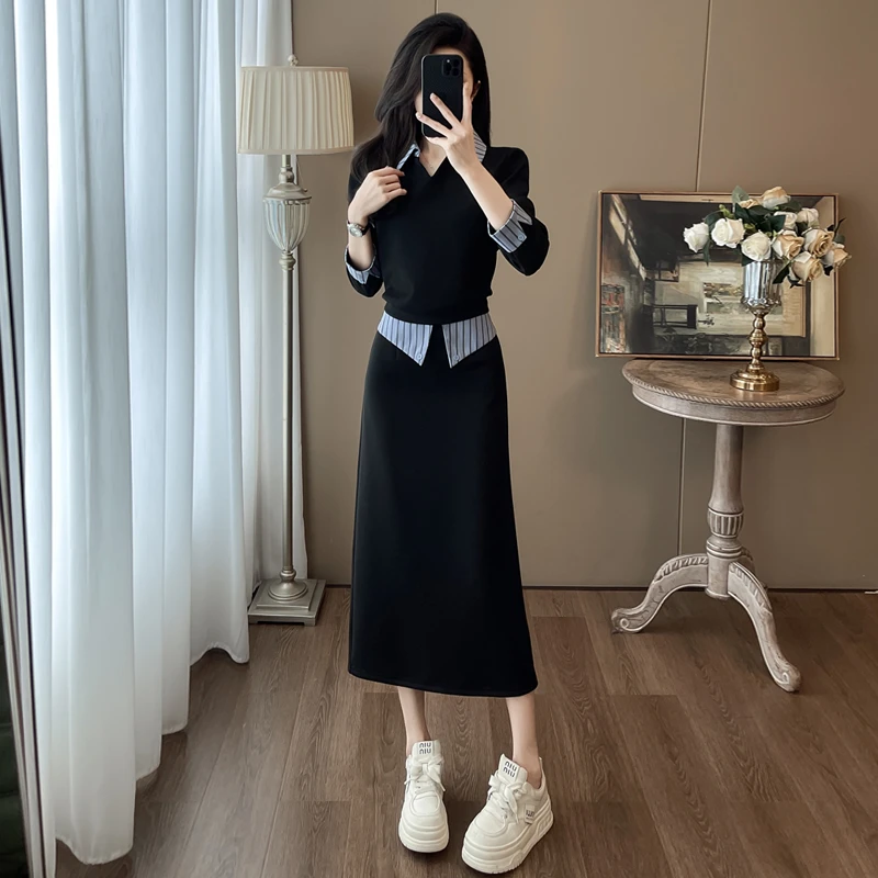 时尚减龄加绒衬衫领卫衣套装女秋冬季新款休闲简约半身裙两件套裙