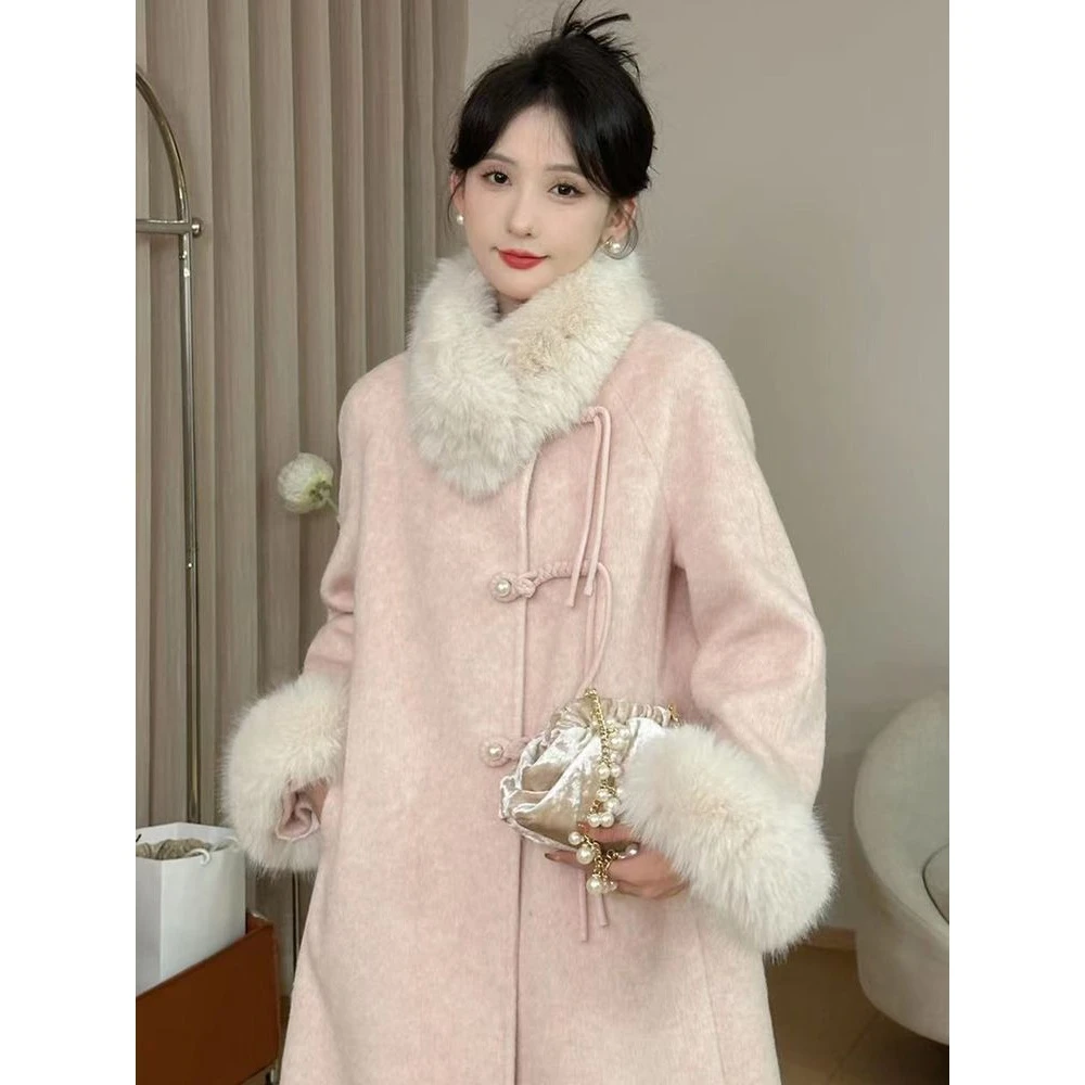 粉色外套女秋冬中长款盘扣加厚毛呢大衣女气质淑女风