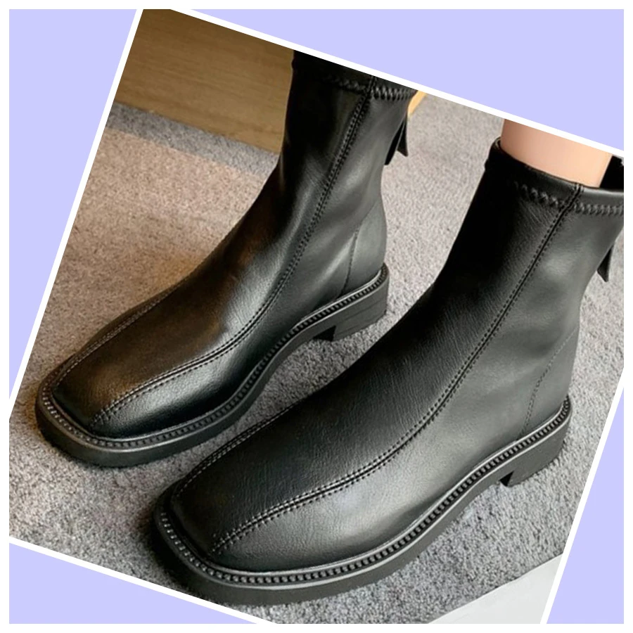 2023秋冬新款美拉德瘦瘦高低靴小短靴中筒软皮马丁靴后拉链靴子