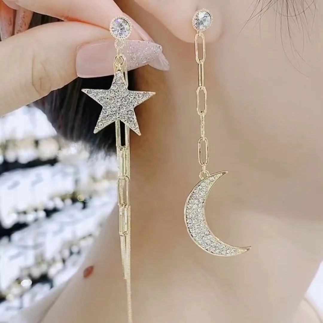 合金耳饰 不对称星星月亮流苏耳环女韩国气质夸张网红个性耳钉
