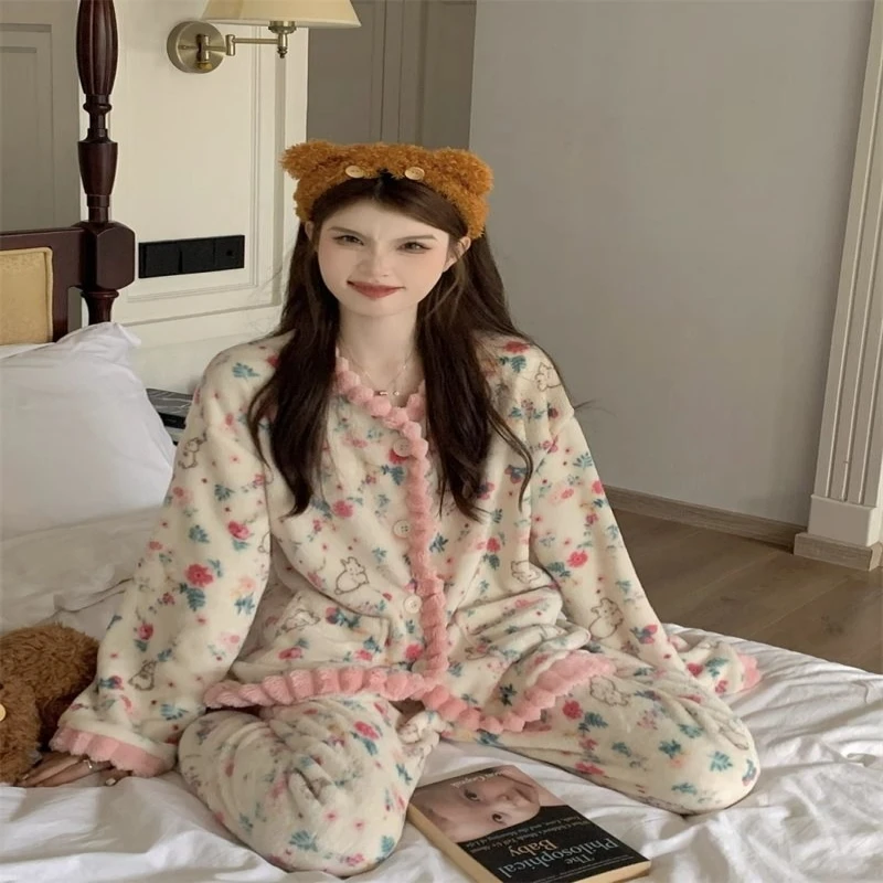 2023新款睡衣女秋冬珊瑚绒加绒加厚少女睡衣套装宿舍可外穿睡衣