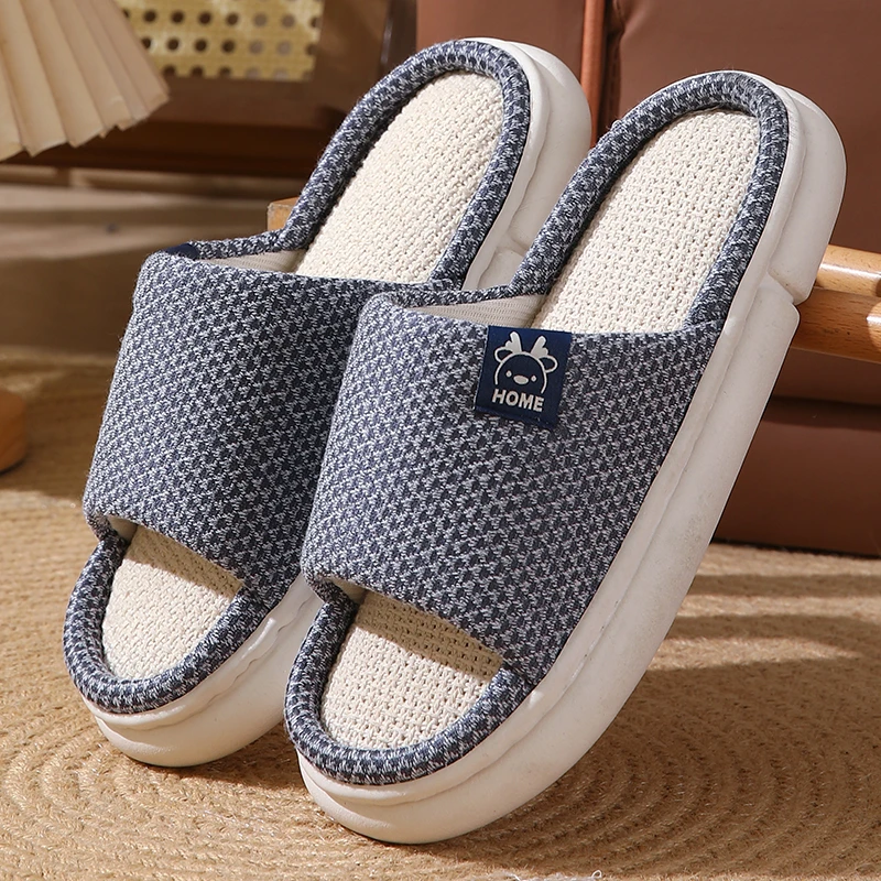 2024新款亚麻拖鞋情侣春秋四季款女室内居家居厚底防滑拖鞋男夏