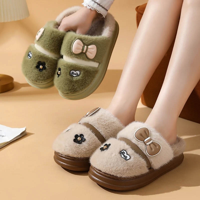 可爱卡通蝴蝶结棉拖鞋女加厚保暖居家可外穿月子厚底防滑毛拖鞋冬