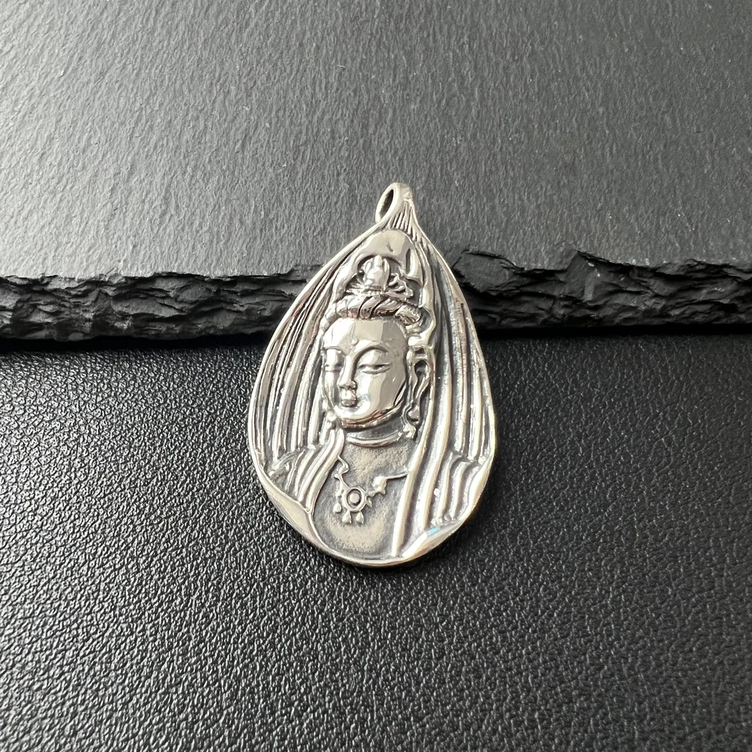 吊坠925银 观音菩萨吊坠 守护神雕刻做旧银制品项坠个性素款双面