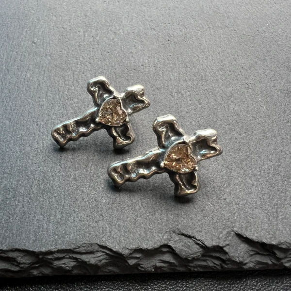 925银耳饰 十字锆石耳环 手工轻奢小众个性重工镶嵌做旧素款