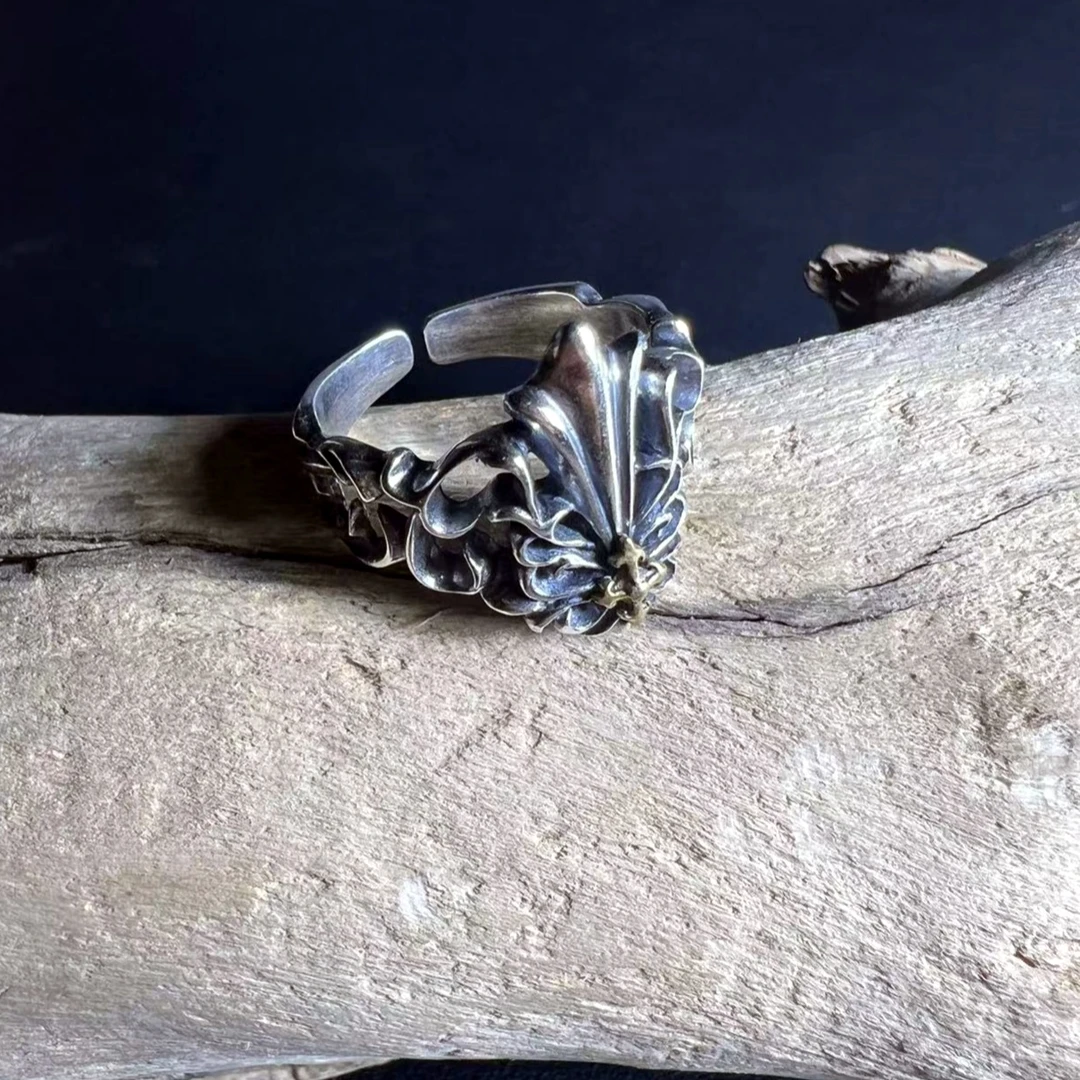 吊坠925银 十字鸢尾花戒指J40029 手工轻奢时尚小众个性做旧银戒