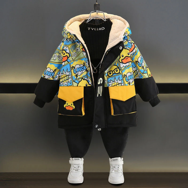 男童棉衣2023冬季新款洋气冬装加绒加厚中长款宝宝棉服小黄鸭童装