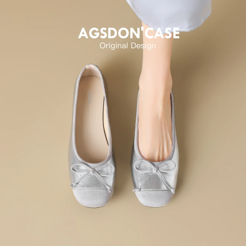 奥古狮登银色玛丽珍单鞋女2025新款夏季蝴蝶结豆豆鞋法式芭蕾舞鞋