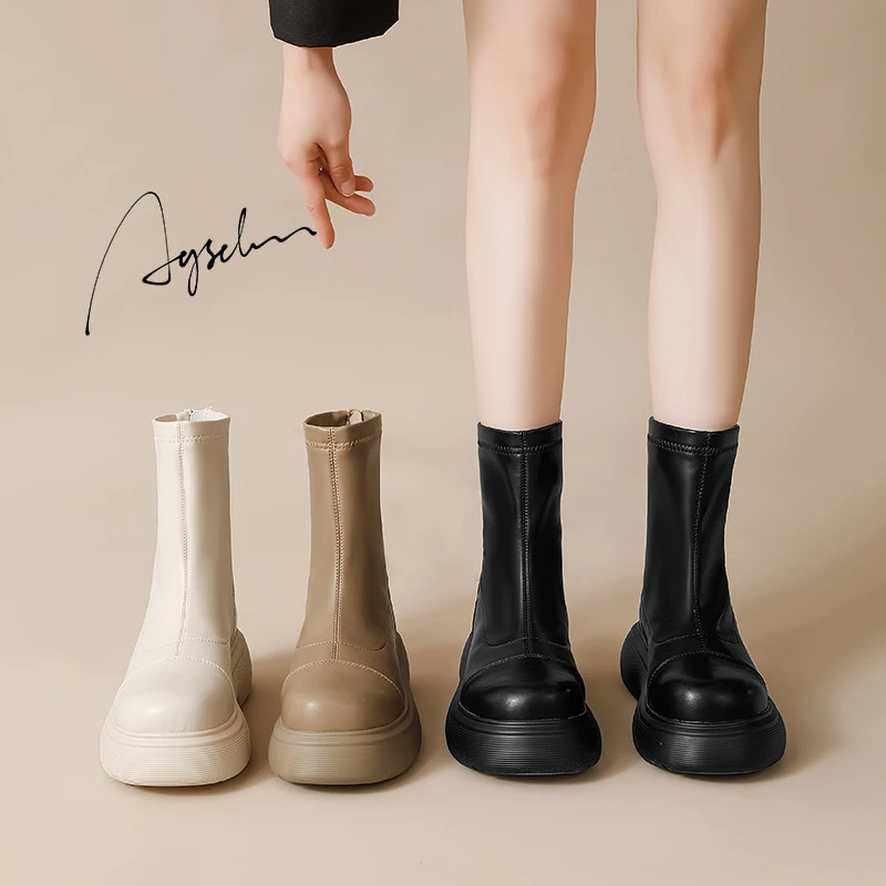奥古狮登厚底马丁靴女2025新款春秋超火法式瘦瘦靴弹力切尔西短靴