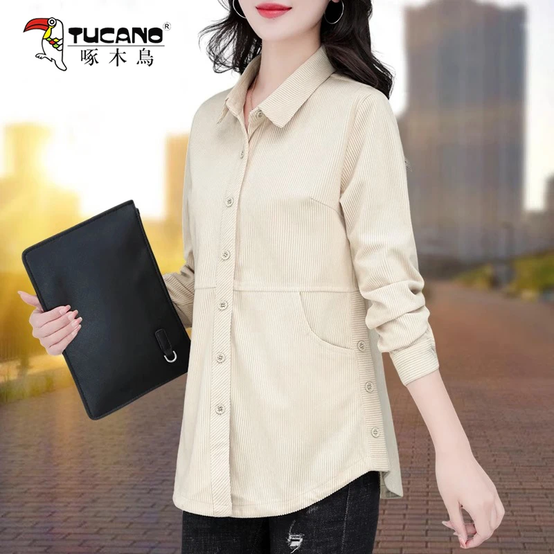 【官方】啄木鳥外穿衬衫女春秋2024款时尚中长款加厚衬衣长袖上衣