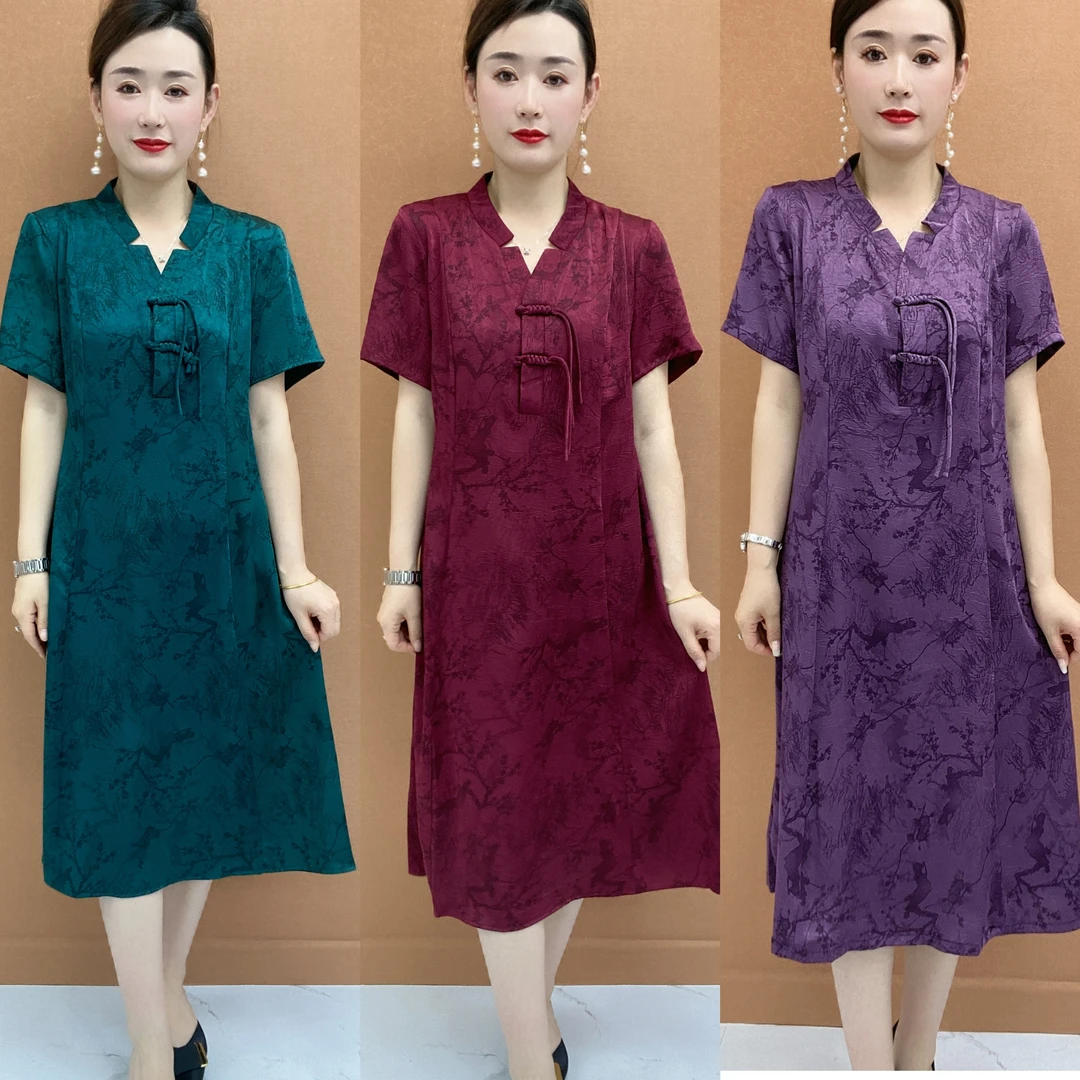 高端夏季妈妈新款V领短袖提花连衣裙宽松遮肉气质中老年裙子