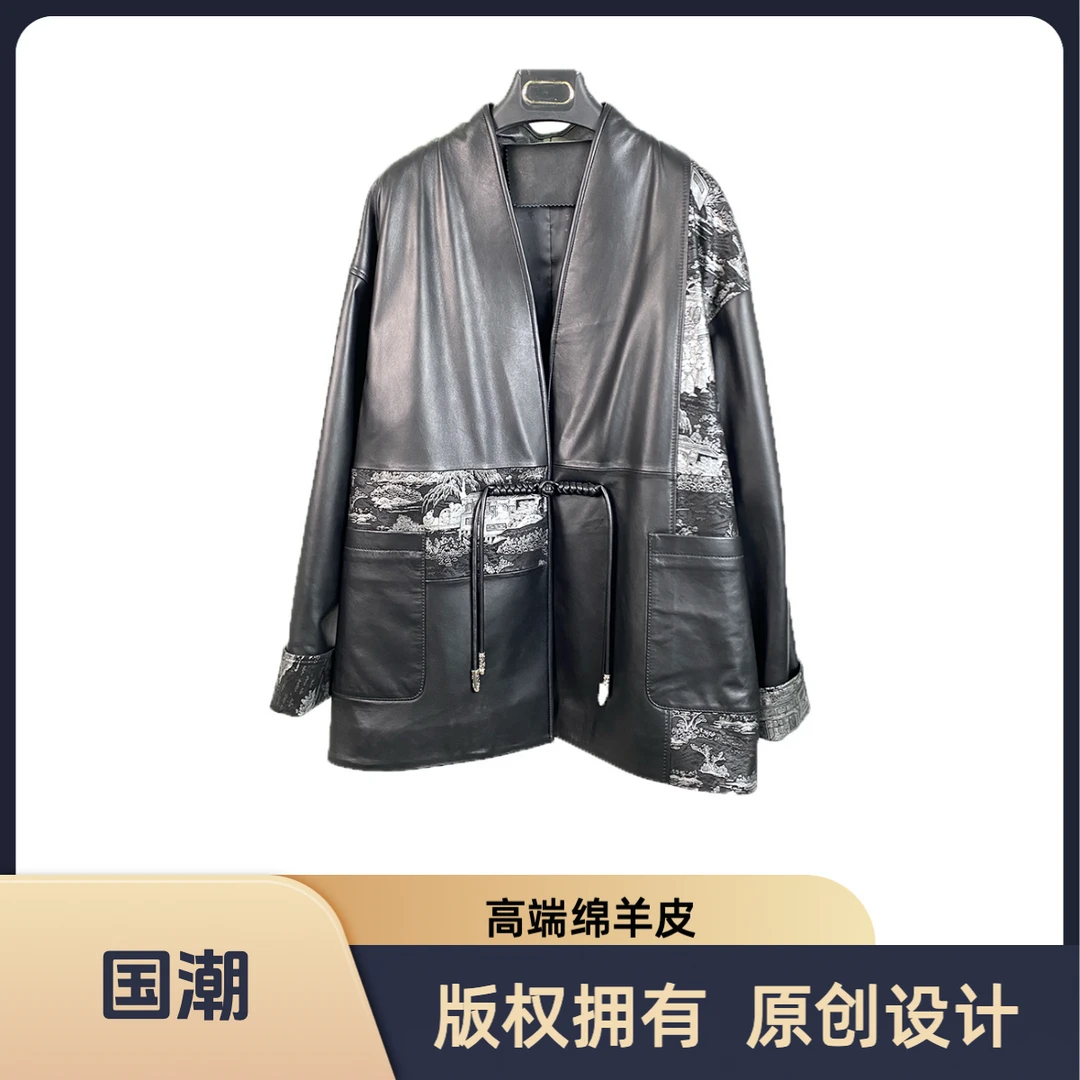 皮衣女外套绵羊真皮国潮风皮衣不2411和尚领显瘦中长款中长款皮衣