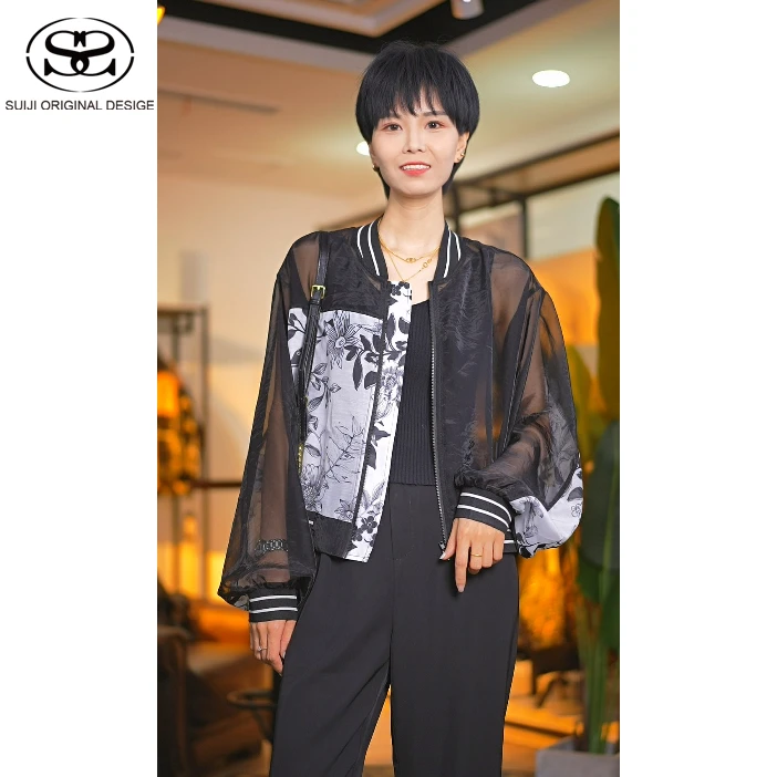 夏季防晒外套上衣短款休闲莱赛尔天丝拼接春季宽松黑色棒球服6953